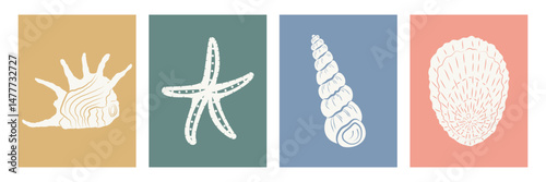 Summer boho seashells vintage icon set. Minimalist posters with hand drawn seashells. marine silhouette in groovy naive style for prints, posters, cards, tshirt 