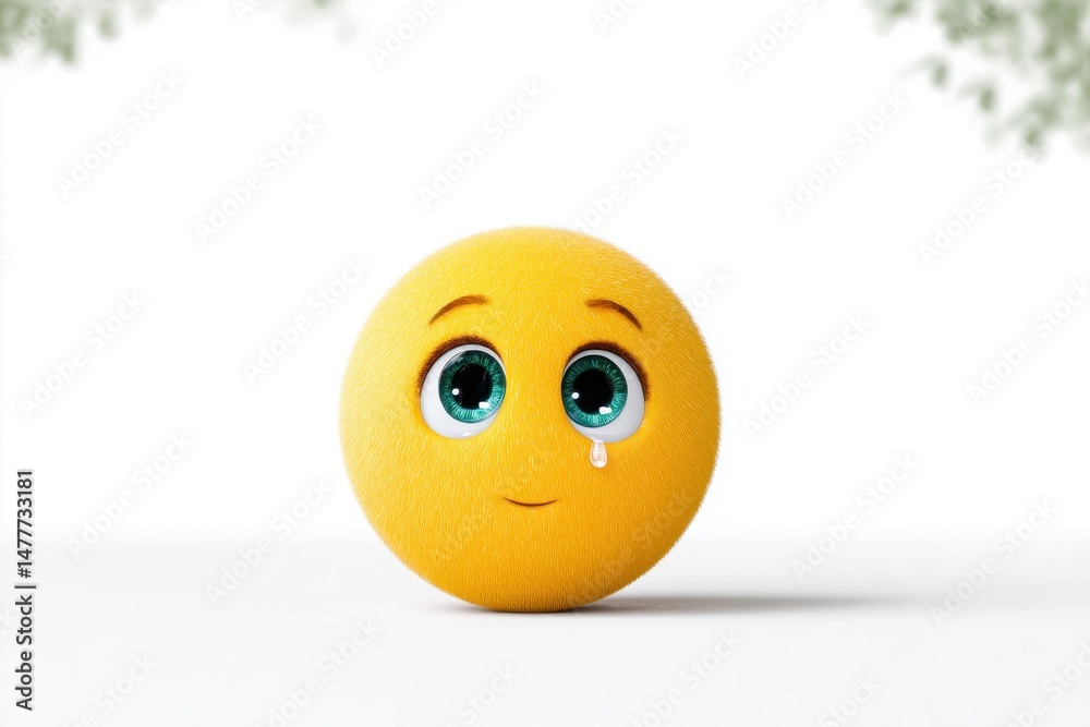 Fototapeta premium Yellow emoticon with large teal eyes shedding a single tear against a white background with blurred green foliage.