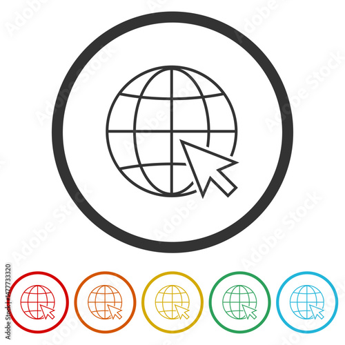 Click to go to website or internet icon. Set icons in color circle buttons