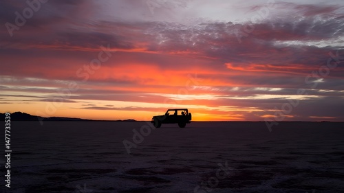 A dramatic sunset casting a warm glow over a vehicle in a vast landscape