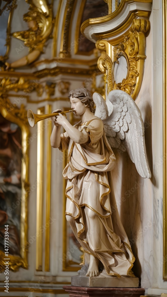 Fototapeta premium A beautiful statue of an angel playing a trumpet. The angel has white wings and a golden trumpet, and the statue is located in a beautiful and well-decorated hall