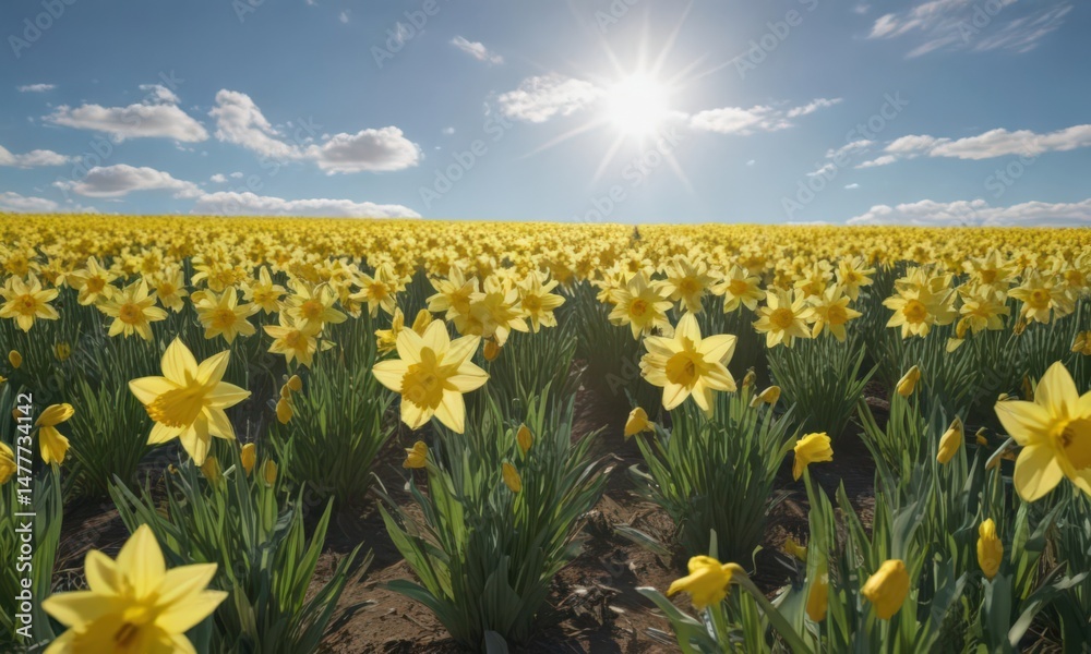 Obraz premium Vast field of cheerful daffodils bathed in sunlight against a cloudless blue sky , joyful, blossom