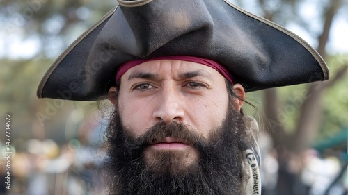 A close-up portrait of a man dressed as a pirate. He wears a classic tricorn hat, has a full beard, and his eyes convey a look of determination