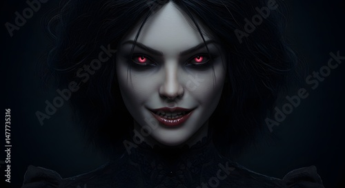 Woman with Glowing Eyes Smiling Creepily in Dark Costume photo