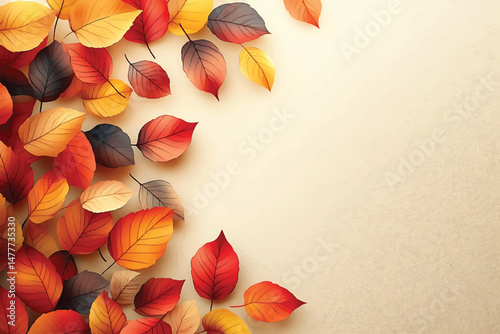 Colorful autumn leaves in shades of red, brown and yellow fill the edge of light background