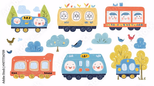 Cute Cartoon Trains  Landscape.