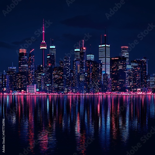 Night City Skyline Reflection: A captivating cityscape at night, with skyscrapers and a prominent tower dramatically reflected in still water. The vibrant city lights create a mesmerizing neon glow.