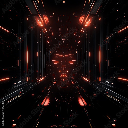 Cyber Corridor: A futuristic, symmetrical, dark, and intense digital rendering of a corridor illuminated by warm, vibrant orange neon lighting, creating an immersive and dynamic atmosphere.
