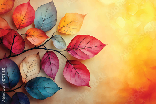 Colorful stylized leaves on a branch spread across bright yellow canvas bring autumn ambiance