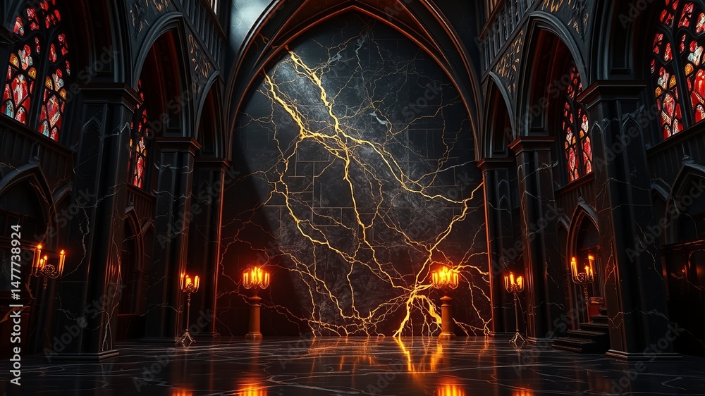 Fototapeta premium A gothic cathedral interior features a dramatic lightning bolt effect on a dark marble wall with glowing candles.
