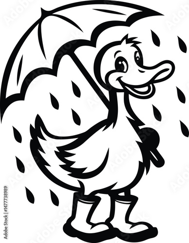 A cute duck standing in the rain, wearing boots and holding an umbrella silhouette and line art vector illustration, duck standing in the rain, wearing boots and holding an umbrella vector icon design