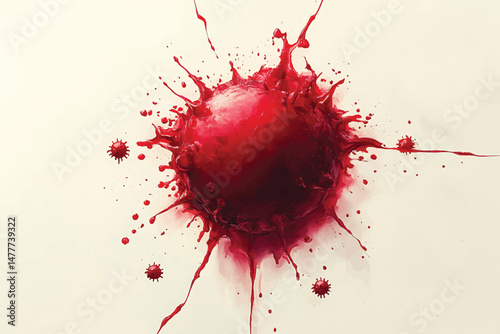 Crimson blob bursts forth, splattering droplets as smaller identical shapes linger in the background
