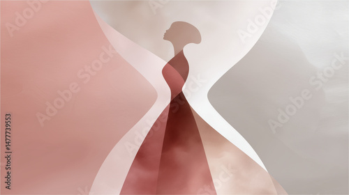 Abstract hourglass shape behind feminine figure, serene tones, classic beauty