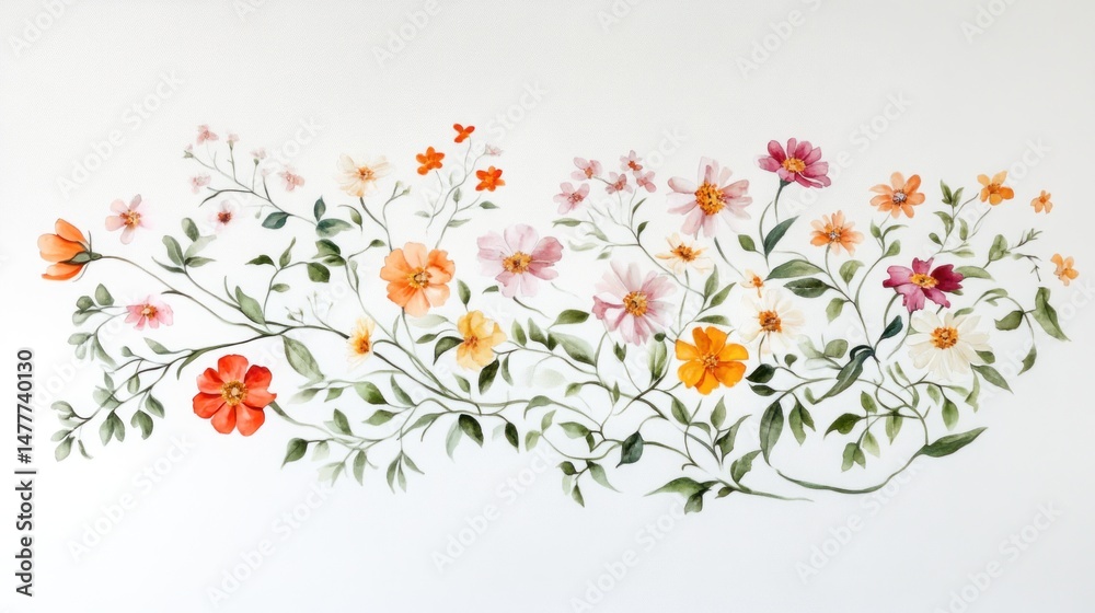 Naklejka premium Delicate watercolor floral arrangement with vibrant hues and graceful stems