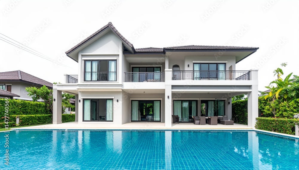 Fototapeta premium Luxury house model with swimming pool isolated on empty white background