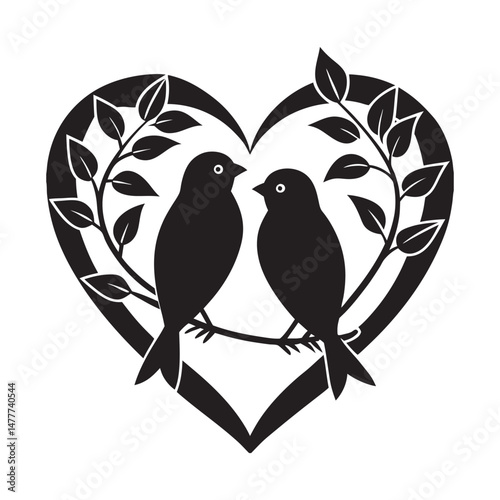 Silhouette of two lovebirds perched on a heart shaped branch