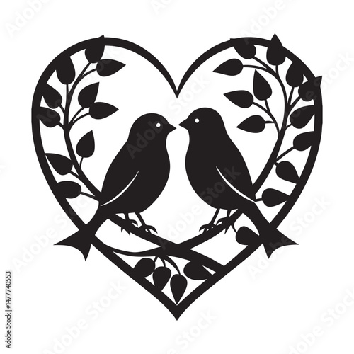 Silhouette of two lovebirds perched on a heart shaped branch