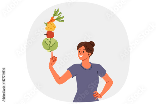 Woman follows balanced diet of vegetables and fruits leads healthy lifestyle thanks to proper nutrition. Vegetarian girl recommends new diet to detoxify body and lose excess weight.