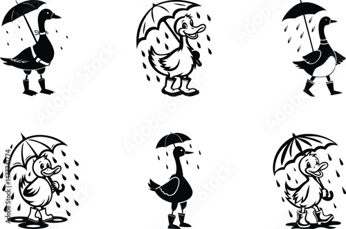 A cute duck standing in the rain, wearing boots and holding an umbrella silhouette and line art vector illustration, duck standing in the rain, wearing boots and holding an umbrella vector icon set