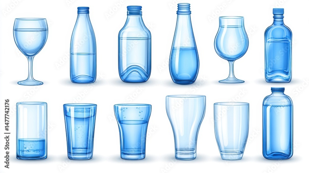 Assorted Glassware with Water Still Life Illustration on White Background Studio Shot Beverage Refreshment Assorted Glassware with Water Still Life Illustration on White Background Studio Shot Beverage Refreshment