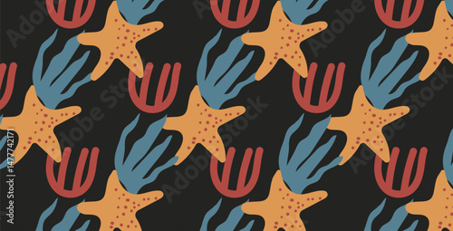 A refined and modern seamless pattern design featuring stars and abstract elements, crafted for versatility and visual appeal.
Ideal for use in textiles, stationery, packaging, wallpapers