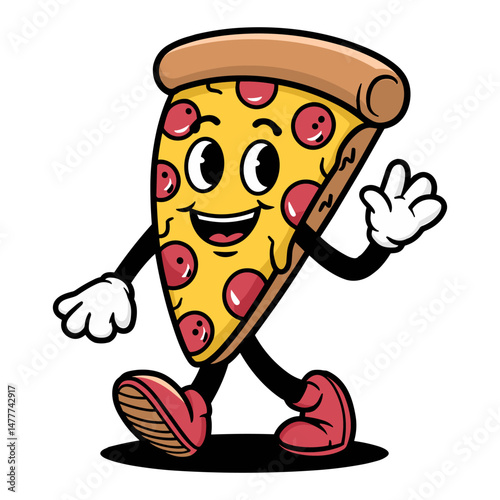 Retro character pizza slice walking happily with a smile and waving hand in a cartoon vector style