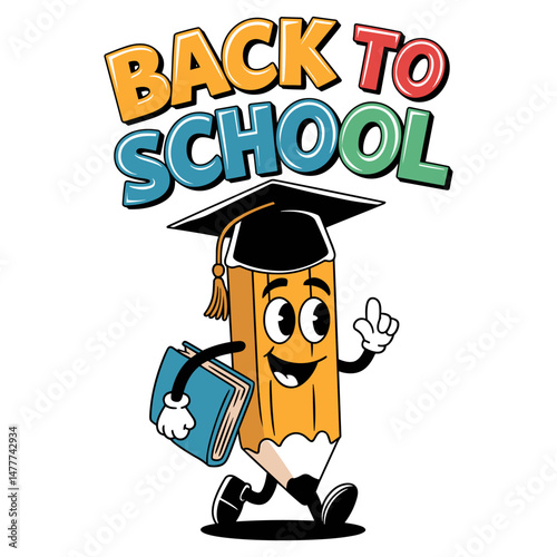 A cheerful yellow pencil character, wearing graduation cap, happily walks while holding a blue book