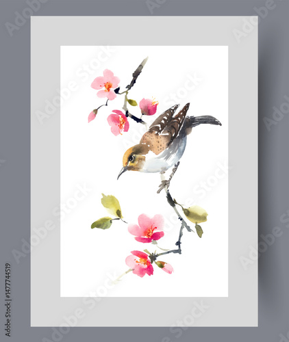 Songbird perched on cherry blossom branch in japanese tourist park on print. Watercolor poster. Artwork with tit songbird feeding on nectar of flowers from fruit tree, in frame with decor for wall art