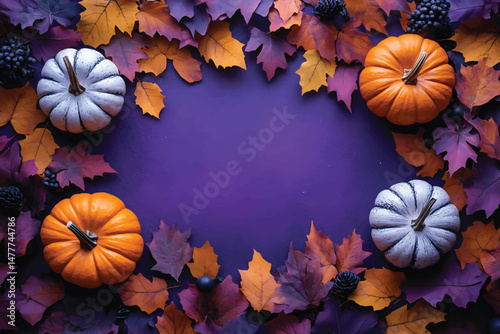 Four colorful pumpkins are surrounded by autumnal leaves on a solid purple background