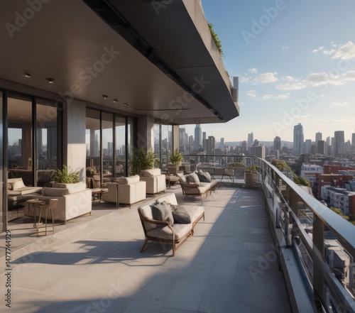 Luxurious condo unit, panoramic city vista, private rooftop access, interior, day, highrise