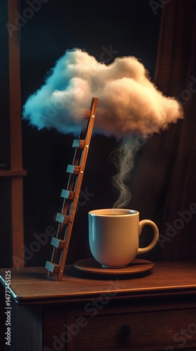 Creative lighting mood with coffee mug and cloud lamp at night showcasing unique interior decor elements for cozy ambiance