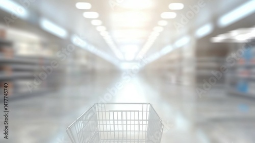 supermarket shelves aisle with empty shopping cart defocused interior blur bokeh light background new