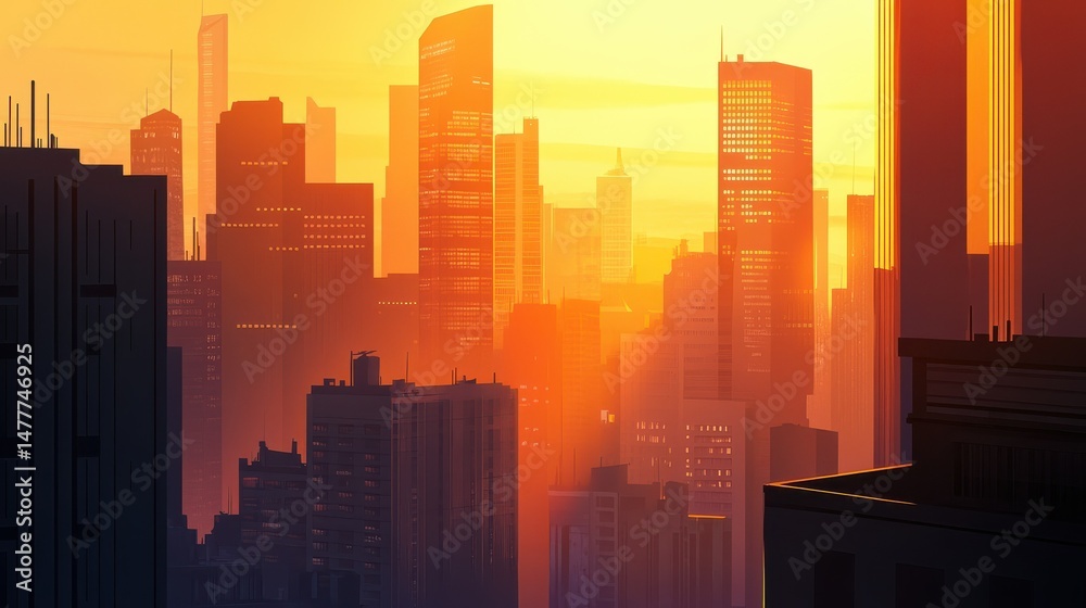 Obraz premium Aerial view of modern city skyline and buildings at sunrise in Shanghai. illustration , no logos, no brands
