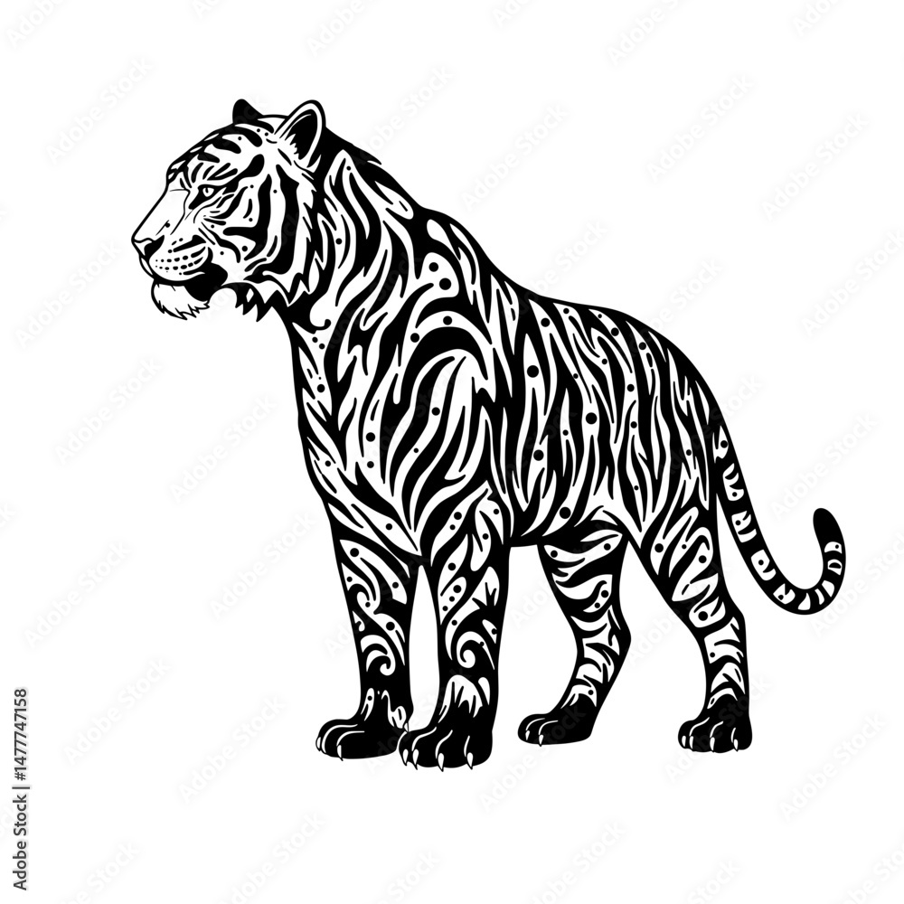 Fototapeta premium Stylized tiger silhouette with intricate black and white patterns 
