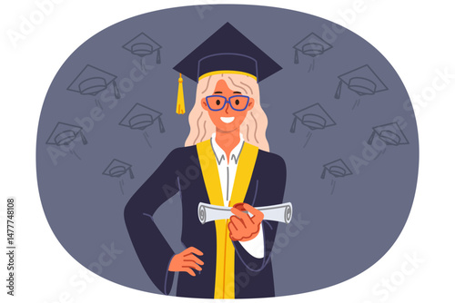 Woman university graduate holds certificate of higher education, allowing to build good career. Girl in graduate hat and gown looks at screen with smile, showing off bachelor degree