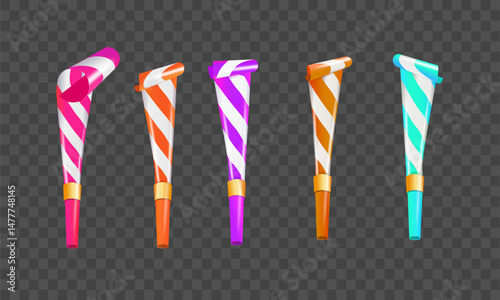 Color Party Blower Whistles Set of Celebration Happy Party. Realistic Detailed 3d. Vector