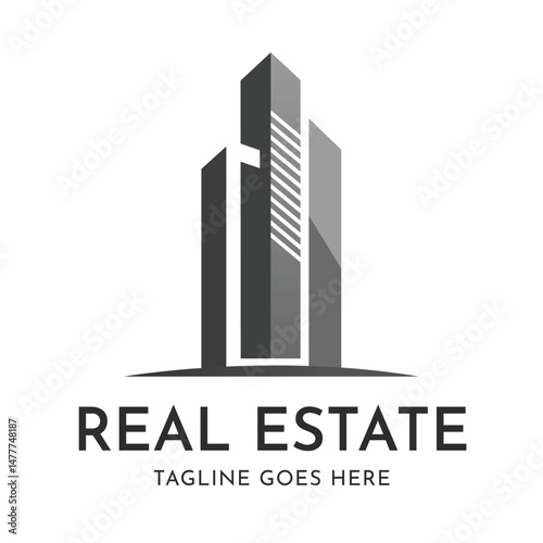 Modern real estate logo with tall skyscraper building icon, Professional property development symbol, Urban construction branding vector design