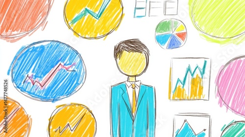 Expressive hand-drawn business concept art featuring KPI tracking illustrations, organizational structure diagrams, and innovative solution brainstorms.