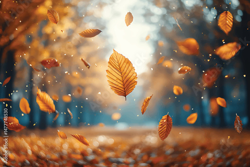 Golden fall leaves gracefully float and dance against a dreamy forest backdrop during autumn