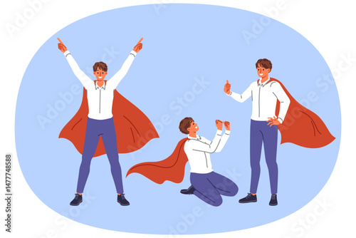 Business man in superhero cape rejoices in victory, taking different poses and making joyful gestures after achieving success. Guy specializes in crisis management celebrates another victory