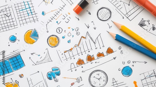 Expressive hand-drawn business concept art featuring KPI tracking illustrations, organizational structure diagrams, and innovative solution brainstorms.