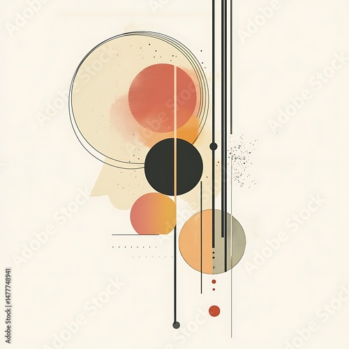 Abstract Geometric Composition: A modern geometric composition featuring a balance of circles, lines, and shapes in a minimalist design, evoking a sense of balance and aesthetic harmony.