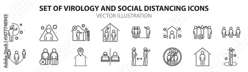 Virology and social distancing icon collection.