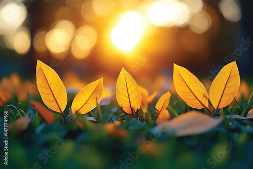 Golden sunlight backlights translucent leaves on green grass creating a peaceful autumn morning