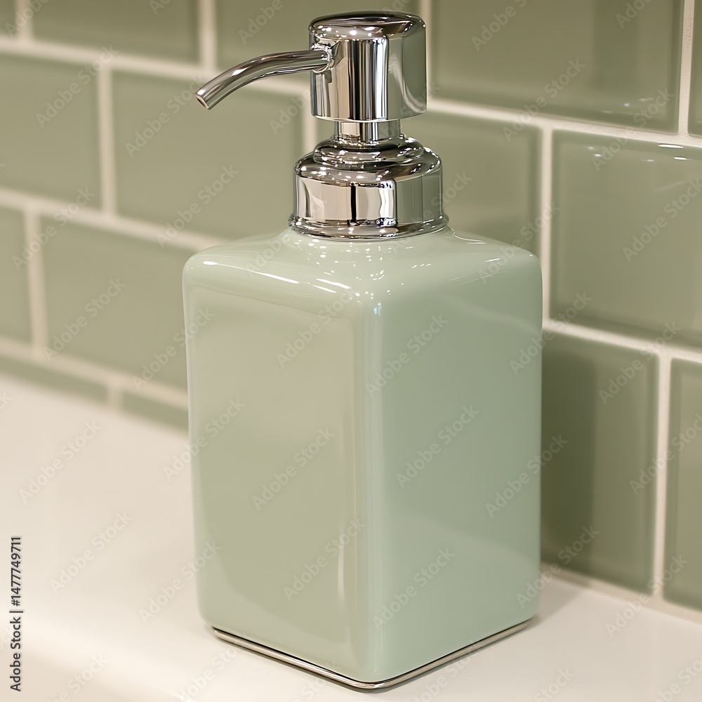 Obraz premium Chic bathroom accessory: stylish light green soap dispenser with chrome pump