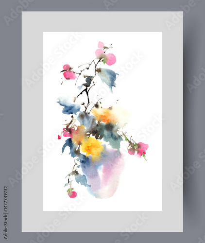 Vase with bouquet of wildflowers or dried flowers with bright petals on print. Watercolor poster. Artwork with bouquet in vase to decorate interior of apartment, in frame with decor for wall art
