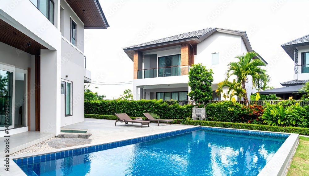 Fototapeta premium Luxury house model with swimming pool isolated on empty white background
