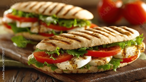 Two delicious grilled panini sandwiches filled with fresh mozzarella cheese, ripe tomatoes, and crisp lettuce are displayed on a rustic wooden cutting board.