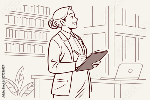 Sketch style doodle of Happy elegant middle aged older professional business woman leader executive, mature senior consultant manager looking at camera holding notebook standing in office