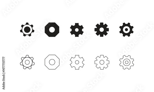 Settings Icon Set Illustration. A clean and modern collection of settings icons in both solid black and outlined white styles
